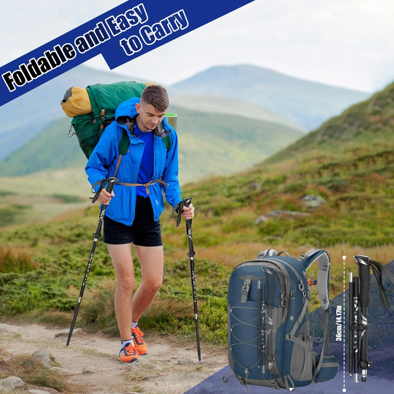 2 Pièces Baton de Marche Pliable, Bâtons de Randonnée en Alliage D'aluminium, Réglables 110-130cm, Baton de Marche Nordique avec 4 Paires de Tampons en Caoutchouc, pour Alpinisme, Trekking