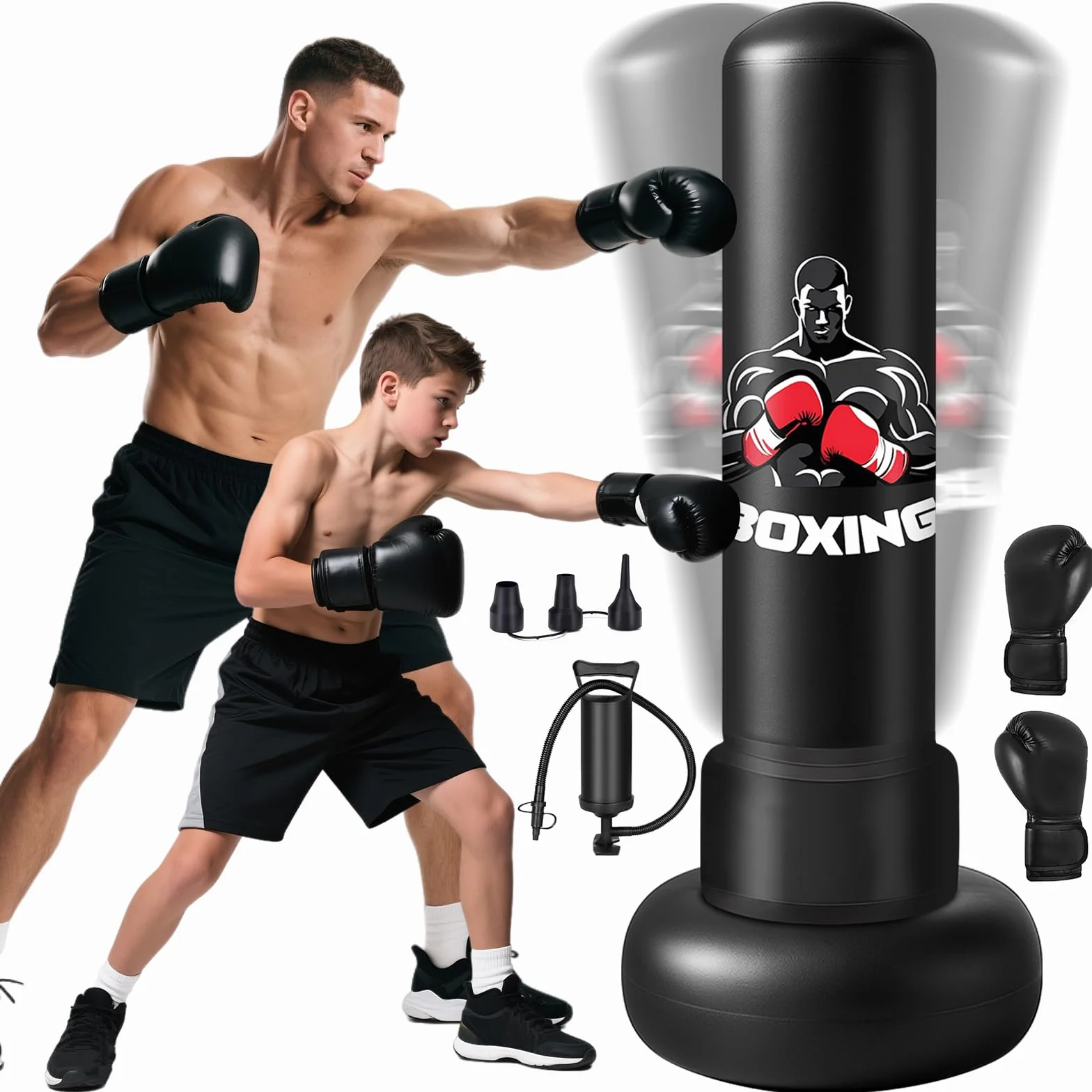 Sac de Frappe Adultes, 180cm Gonflable Punching Ball avec Gants Pompe à Air, Sac de Boxe sur Pied Enfants pour MMA Karaté Fitness Equipement de Boxe Idéal Cadeau Femmes et Hommes