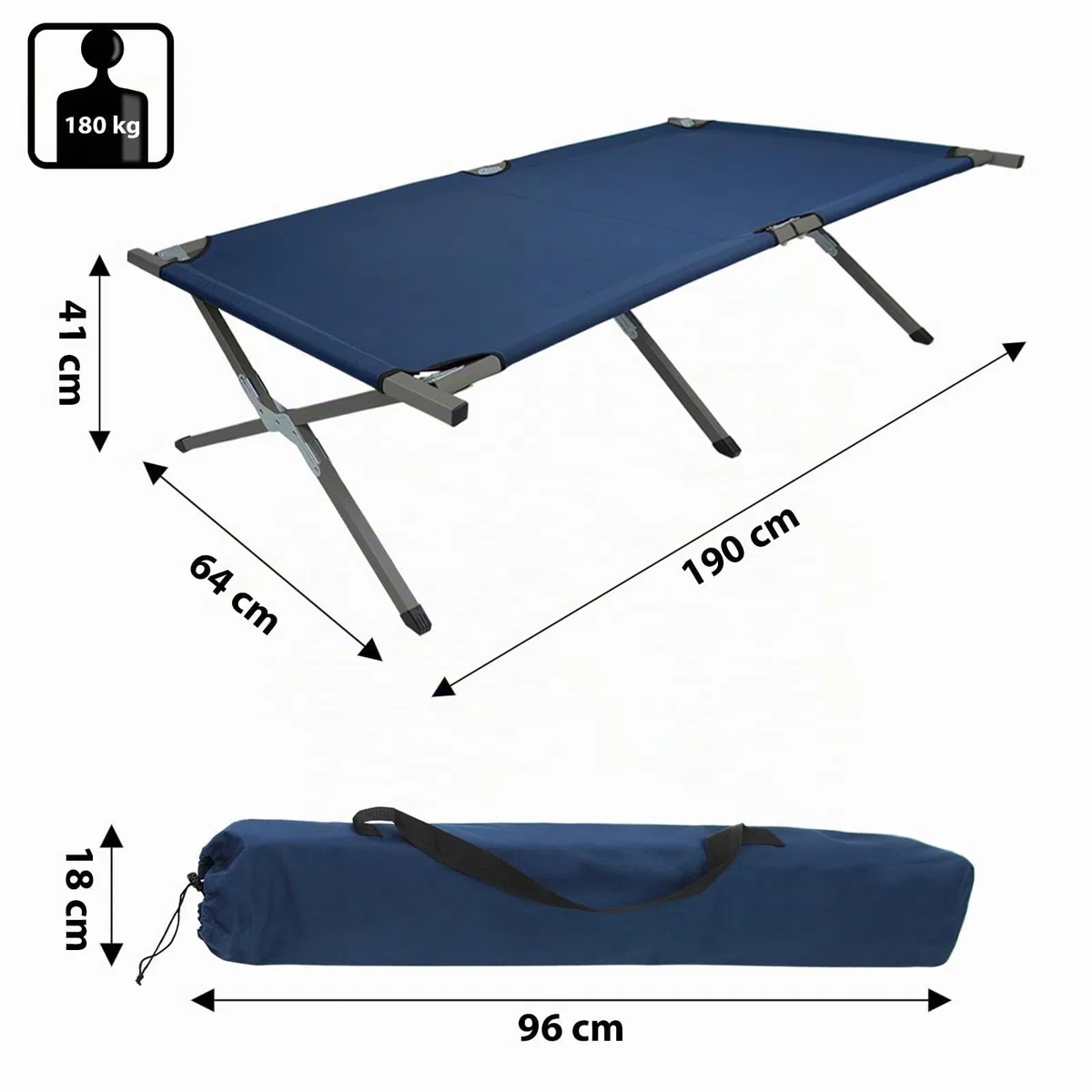 BB Sport Lit de Camp Pliable 190 x 64 x 41 cm Stable 180 kg Résistant Militaire Portable Confortable Camping Voyage Acier Tubulaire 600D Tissu Oxford Sac de Transport, Couleur:Bleu