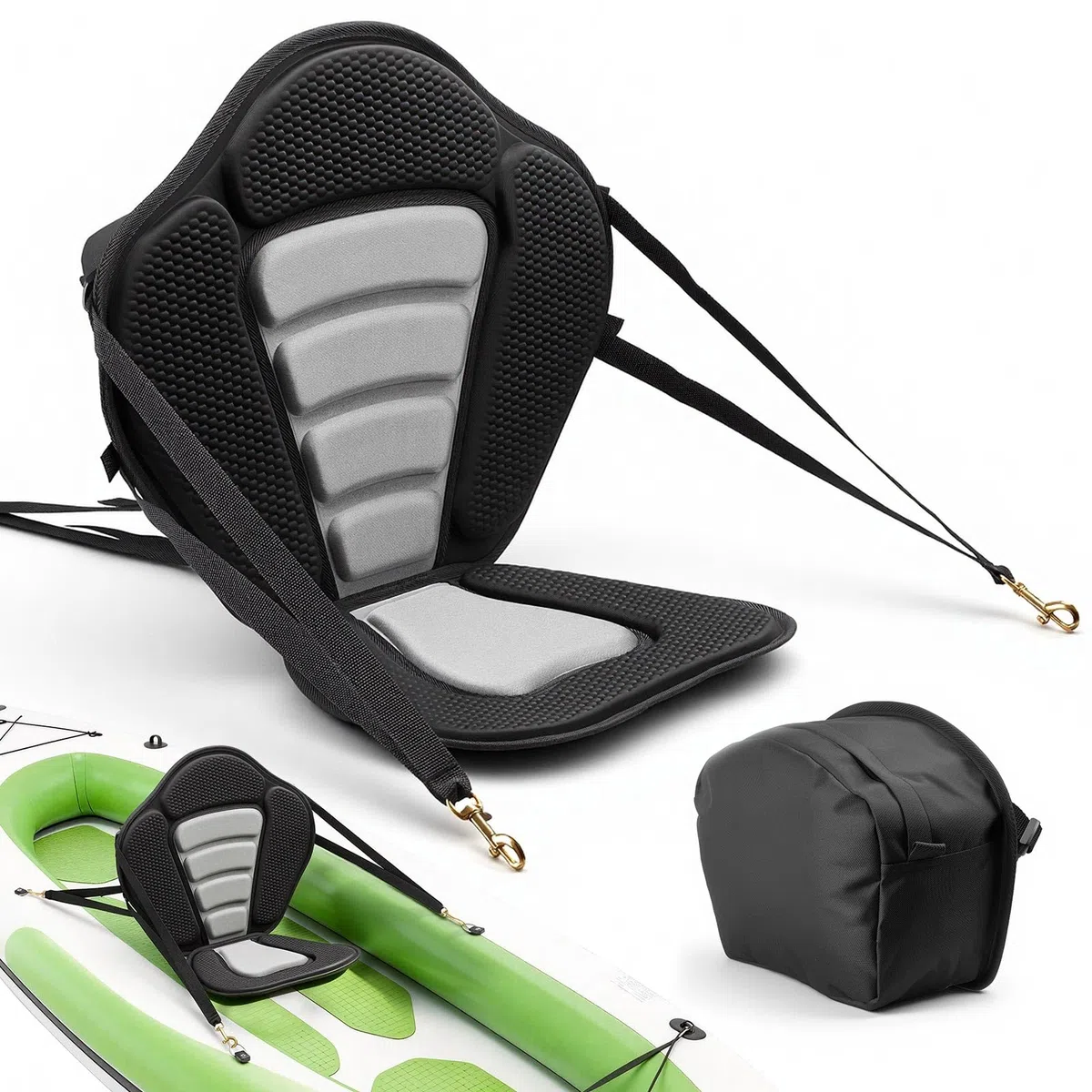 VEVOR Siège de Kayak Universel, Dosseret Sup 12 mm d'Épaisseur, pour Sup Paddle Planche à Pagaie Kayak Gonflable, avec Dossier, Coussin Rembourré Souple, Sac de Rangement et Sangles, Noir et Gris