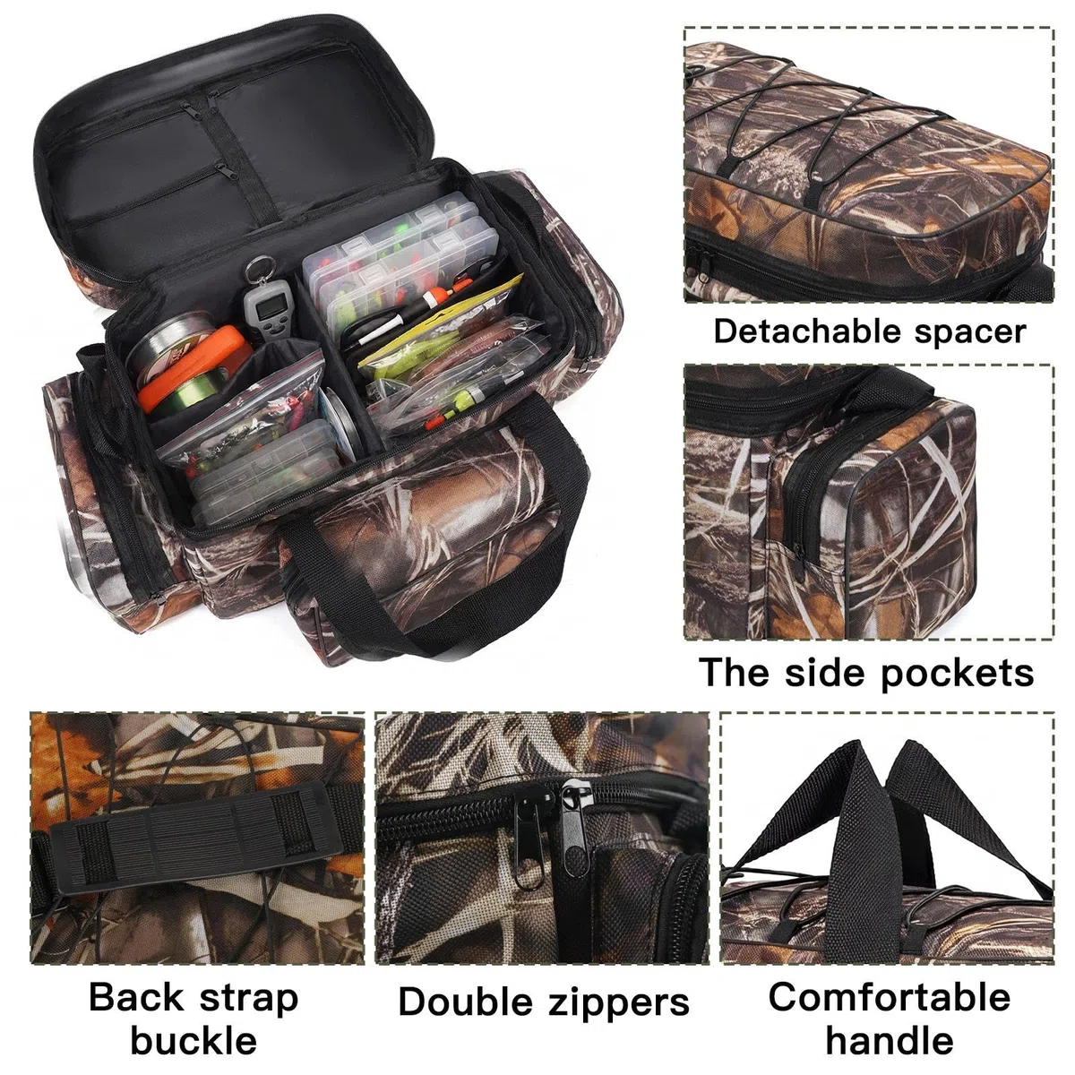 Sac de Peche Grande Capacite Stockage de Matériel de Pêche Sac de Rangement Tactique Multifonctionnel Sac à Bandoulière Fourre-Tout en Plein pour Pêche en Mer (Camouflage)