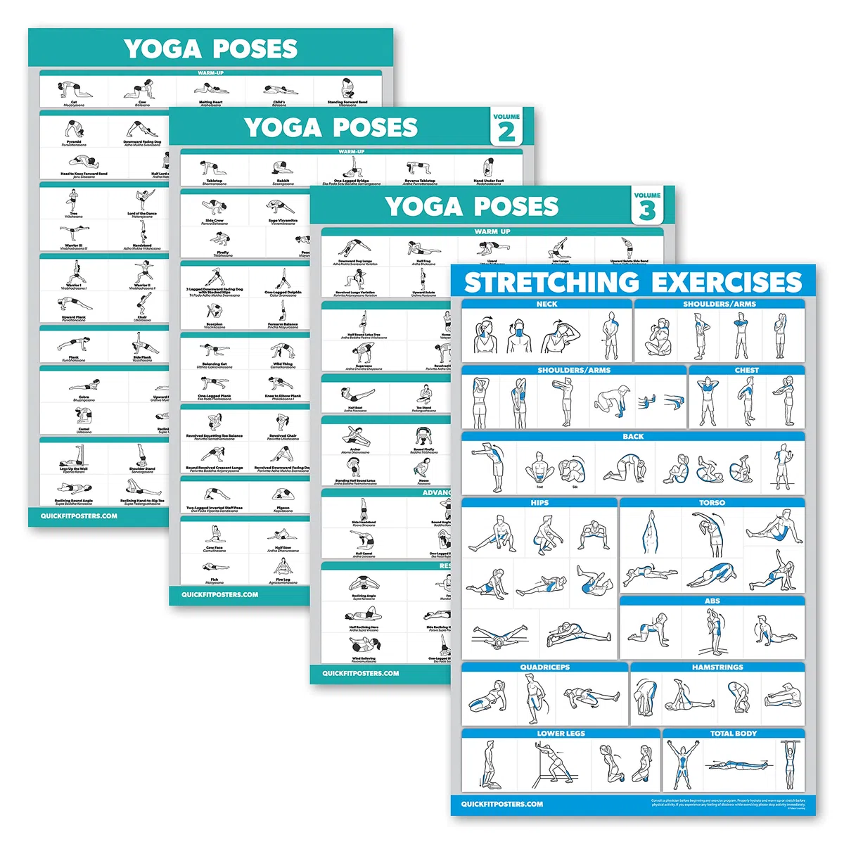 Palace Learning Lot de 4 affiches de poses de yoga Volume 1, 2 et 3 + tableau d'exercices d'étirement (laminé, 45,7 x 61 cm)