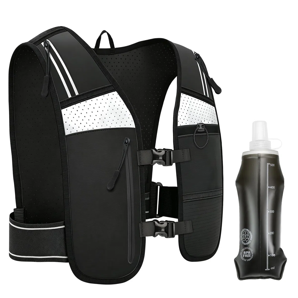Gilet Hydratation Running Femme Homme, Gilet Running Réglable avec Bouteille d'eau Pliable 500ML, Respirant et Réfléchissant, avec Sac pour Téléphone, pour Course, Randonnée, Cyclisme, Marathon