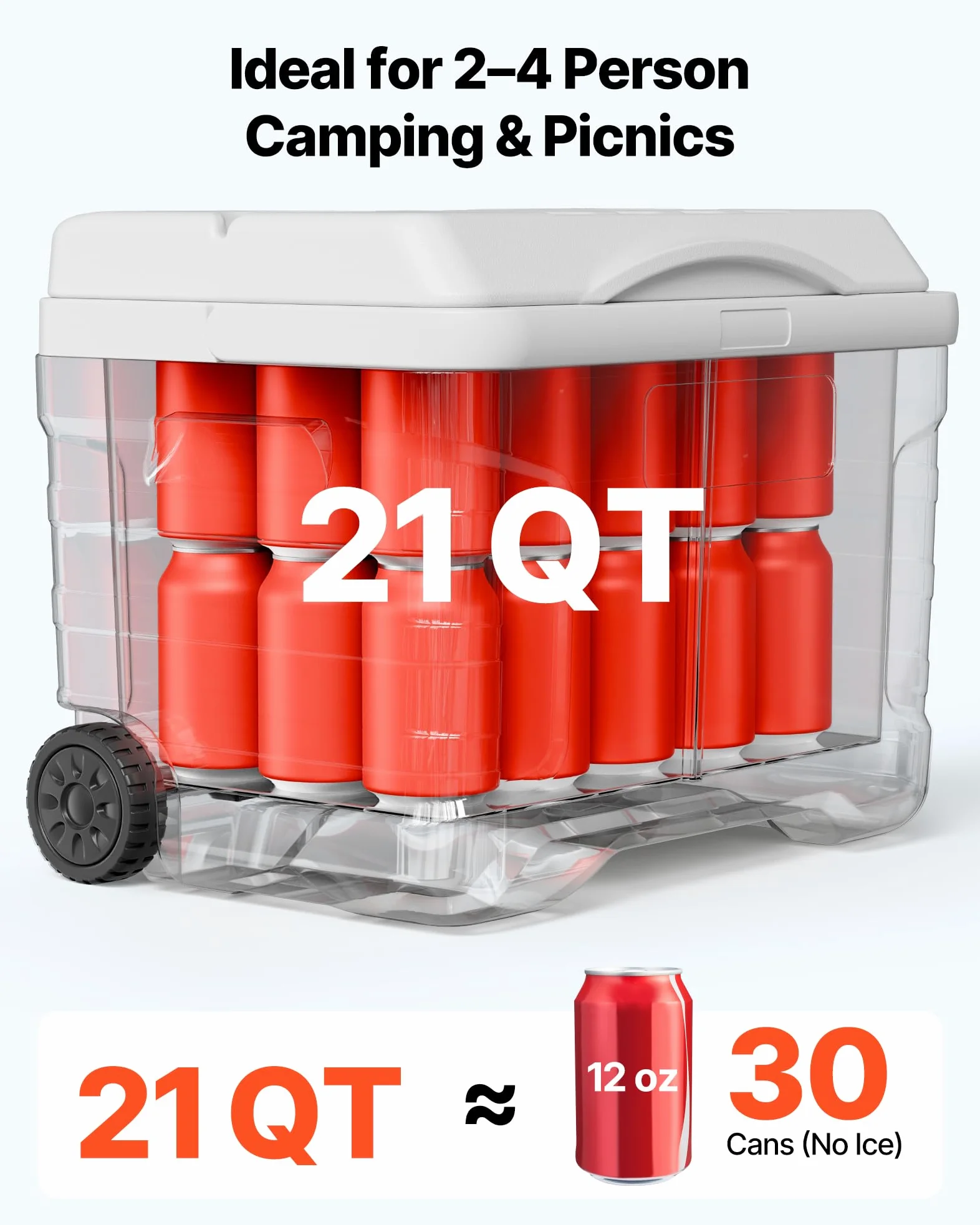 VEVOR Glacière Rigide 20 L, Glacière Passive Portable à roulettes, pour Aliments Boissons Camping Pêche Pique-Nique Barbecue Jardin, Boîte Isotherme Rigide Légère, Rétention du Froid jusqu'à 48 H