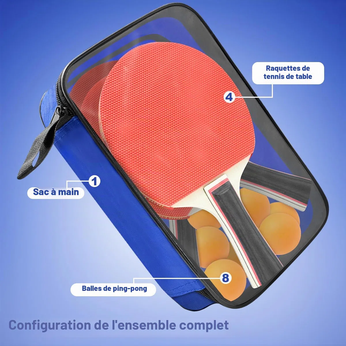 Xpieoyrm Ensemble Pong de Table Portable, Set de 2 Raquettes de Ping-Pong, 4 Raquette de Tennis de Table, 8 Balles et Sac de Transport, Ping Pong Kit pour Adultes Enfants, pour Loisir,Entraînement