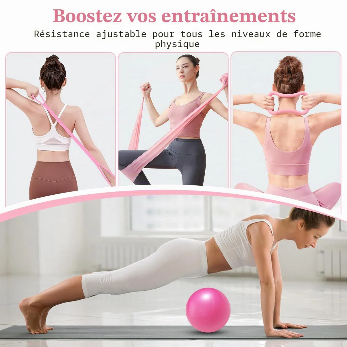 Lot de 10 Accessoires de Pilates,de Balle de Pilates pour la Maison,Pilates Essential Kit für Frauen mit Yoga Ball,Yoga Ring,Tragbaren Tasche,Spannungsring,Fitnessband,für Home Gym,Outdoor Fitness