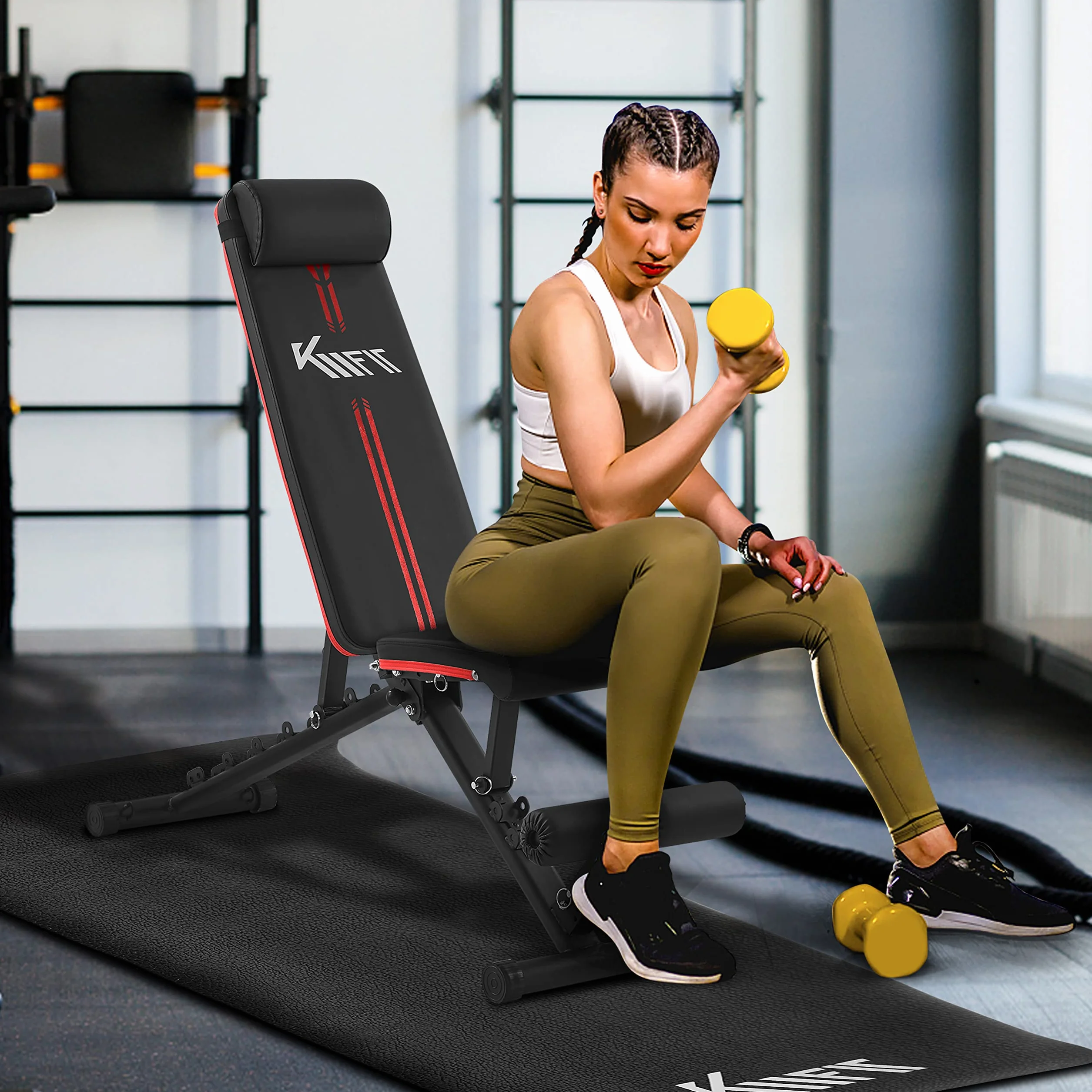 KM-Fit Banc de musculation pliable Multifonction Training Banc de fitness | Dossier réglable en 6 positions | Siège réglable en 3 positions | Surface EVA respirante