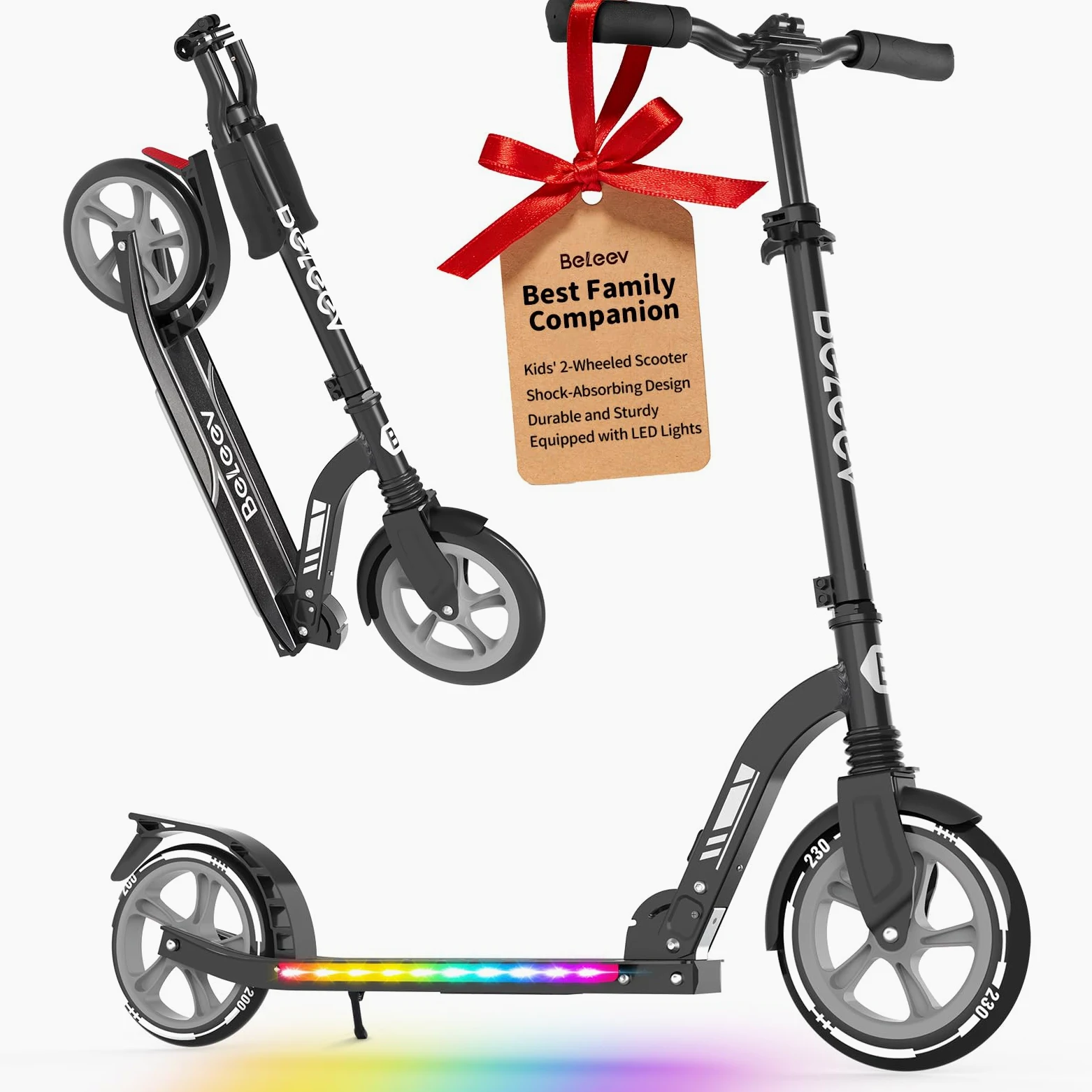 BELEEV Trottinette Enfant 6 a 14 Ans, LED Lumineuse Deck, Réglable en Hauteur, Sangle Transport, Grande Roue 230 mm, Big Wheel City Scooter 2 Roues pour Fille Garçon 6+ Adulte Adolescent Max 100kg