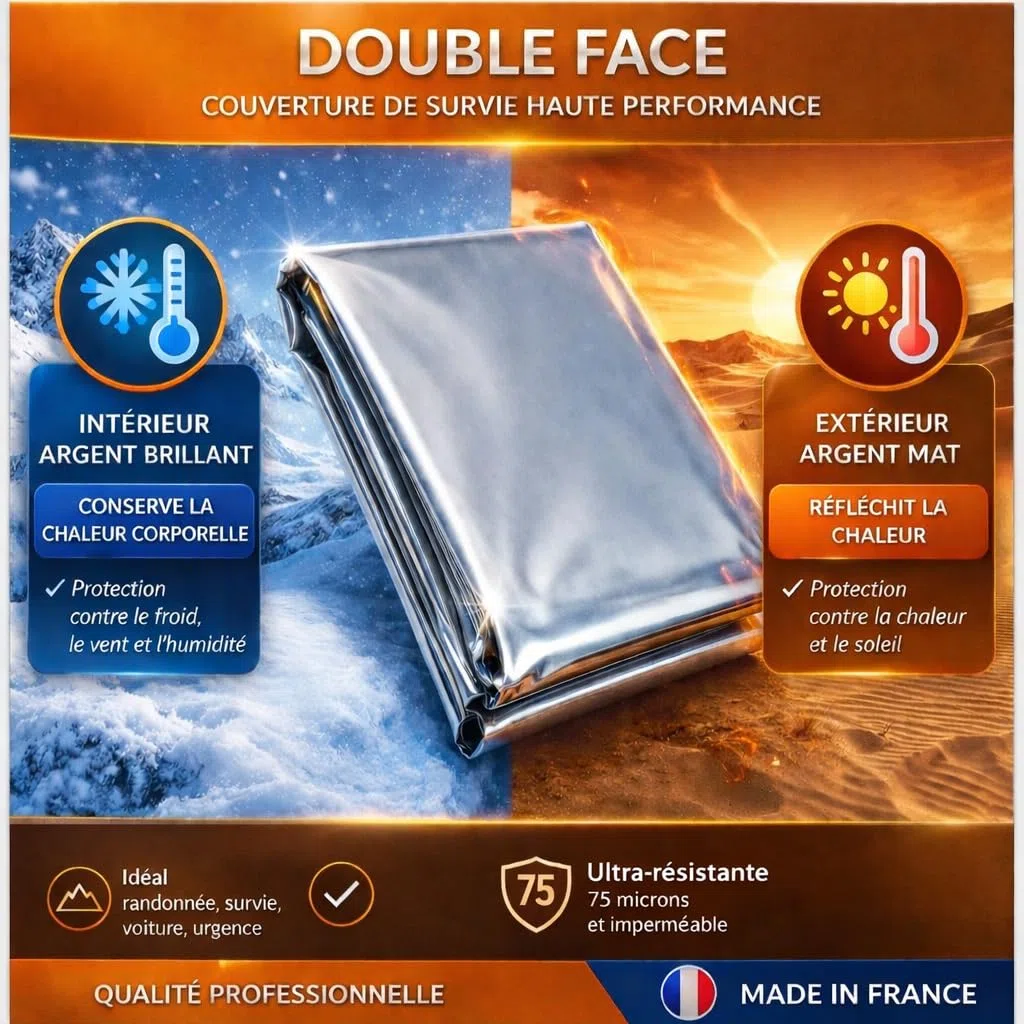 Couverture de Survie Réutilisable Épaisse 75 Microns – Made in France – Isolation Thermique, Imperméable & Coupe-Vent – 220x140 cm – Kit Urgence Voiture, Camping, Randonnée
