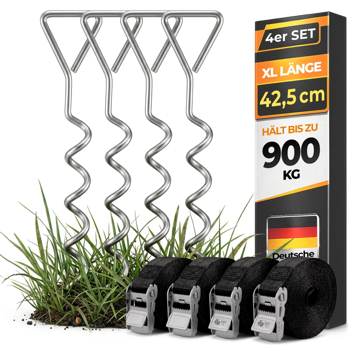 Monzana Piquets d'ancrage Spirales Sangles de Serrage Kit ancrage résistance 900kg Acier Inoxydable Fixations pour Trampoline Sécurité Gris