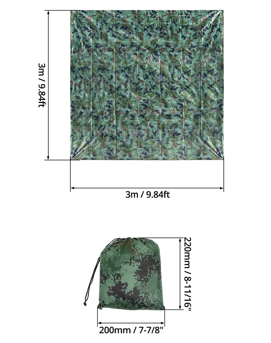 QWORK® Bache Camouflage Anti-Pluie, Tarp Toile de Tente Imperméable pour Camping/Randonnée/Pique-Nique/Activités Extérieures (3 x 3 m)