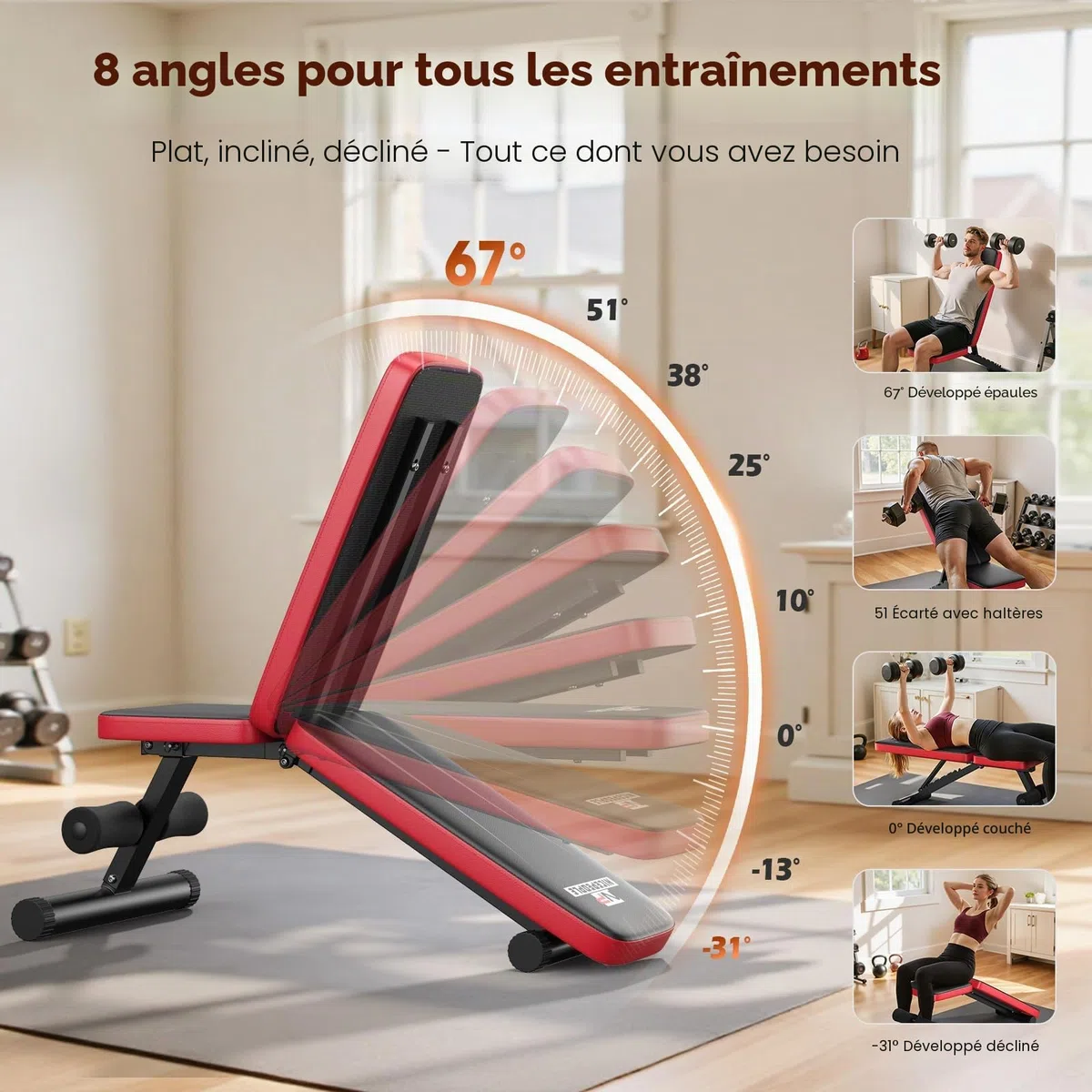Nicepeople Banc de musculation réglable pour la maison, capacité 299 kg, banc d'entraînement avec 8 appuis-tête pour la poitrine, les épaules et les bras, banc de force compact et pliable pour petit