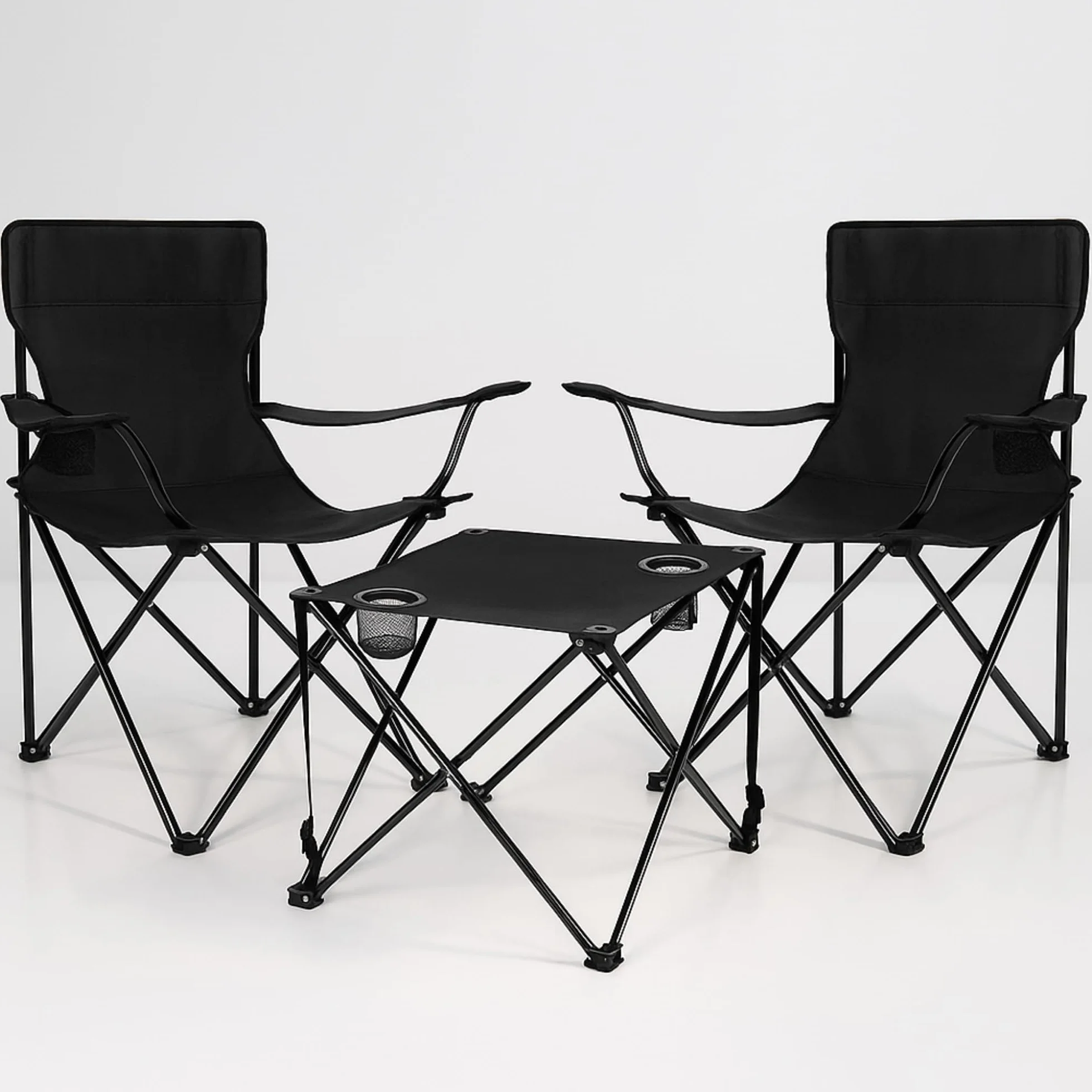 SPRINGOS Ensemble Camping 3 Pièces Noir – Table Pliante + 2 Chaises avec Accoudoirs et Porte-Gobelet, 4,8 kg, Charge 100 kg – Pêche Festival Jardin