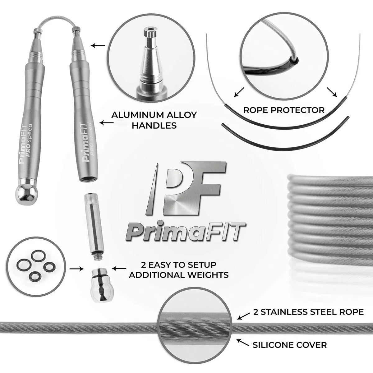 PrimaFIT Pro Speed Corde à Sauter Crossfit Adulte Lestée Jump Rope pour Sport Homme y Femme, Fitness Musculation, Boxe, Aluminum, Réglable, Vitesse Roulements à Billes,2 Acier Câble de Rechange/Poids