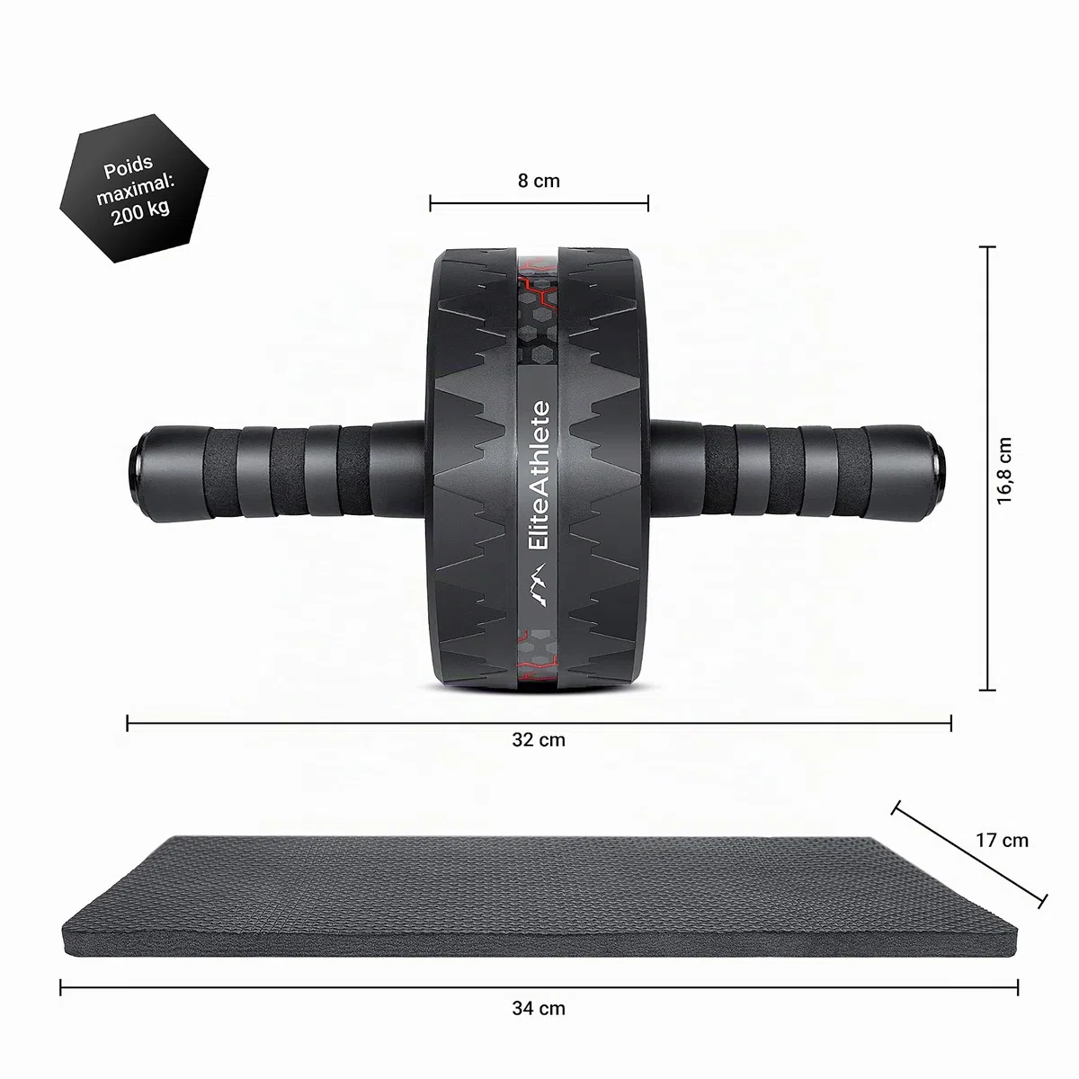 EliteAthlete Roue Abdominale - Roulette Abdominaux - AB Wheel - Rouleau Abdo - Abdos musculation appareil de sport fitness - AB Roller incl. tapis rembourré
