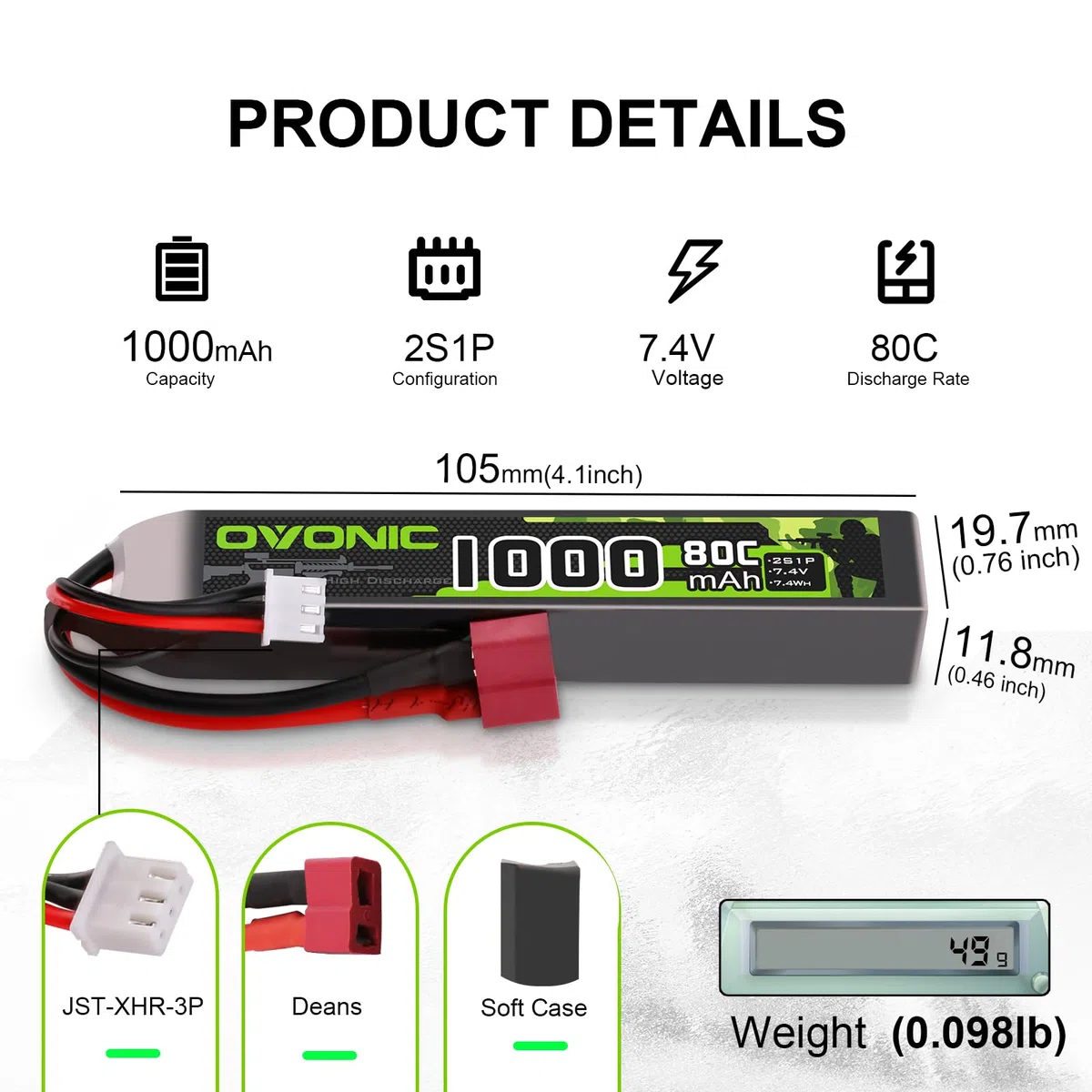 OVONIC Lot de 2 batteries Lipo 2S 7,4 V 80 C 1000 mAh Airsoft Lipo avec connecteur Deans T pour pistolets Airsoft
