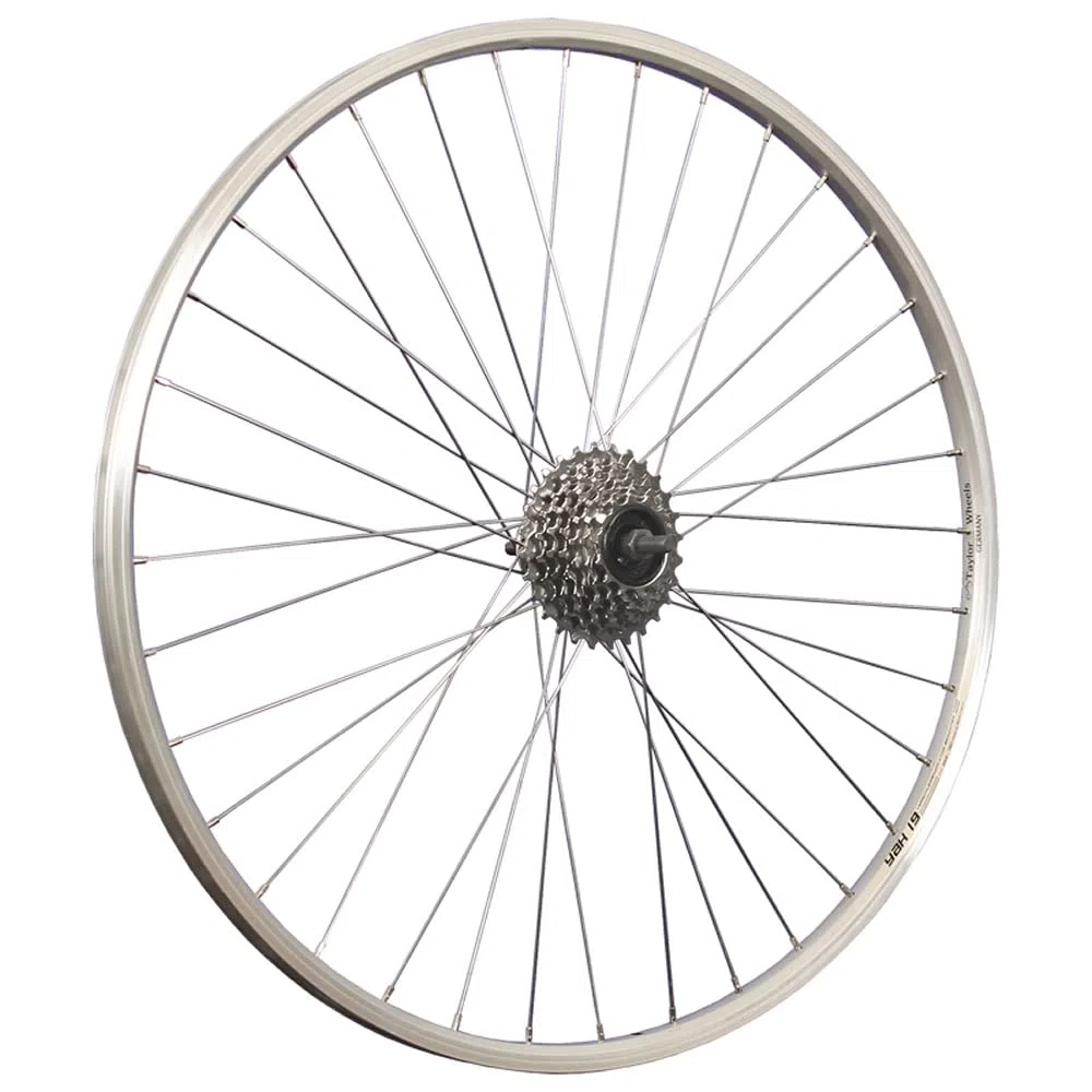 Roue arrière 28 Pouces, Jante Yak19 Double paroi avec Roue Libre à Visser 7 Vitesses - Argent, Compatible Freins V-Brake