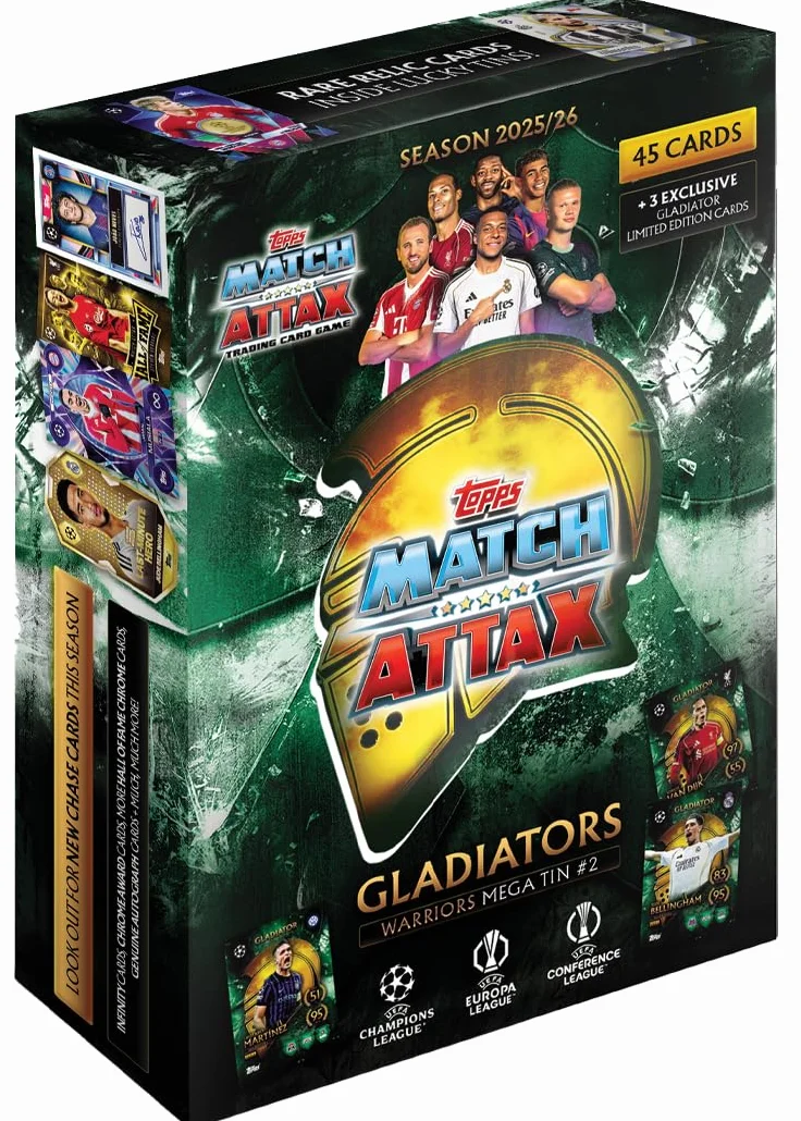 Topps UCC Match Attax 2025/26 – Mega Tin – Warriors – Contient 45 cartes Match Attax plus 3 cartes Gladiators LE exclusives.