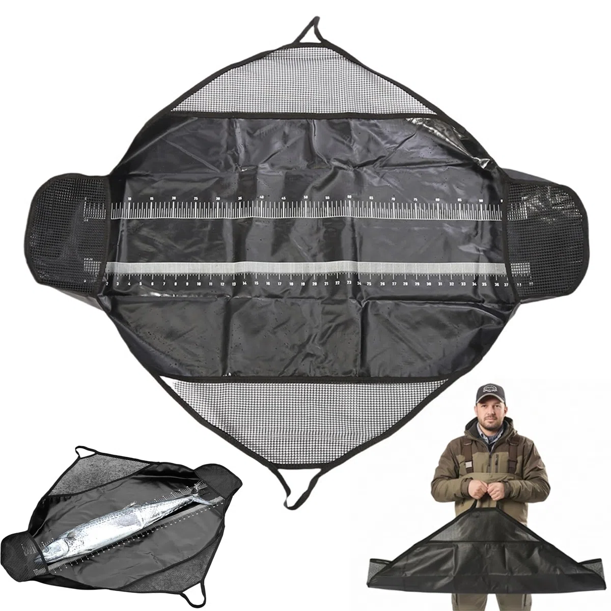 Tapis de pêche pliable 125 x 55 cm avec mètre ruban de 0 à 100 cm, imperméable, protège les poissons, crochet, pesage et transport, pour carpe, poisson-chat, perche, avec poignées de transport