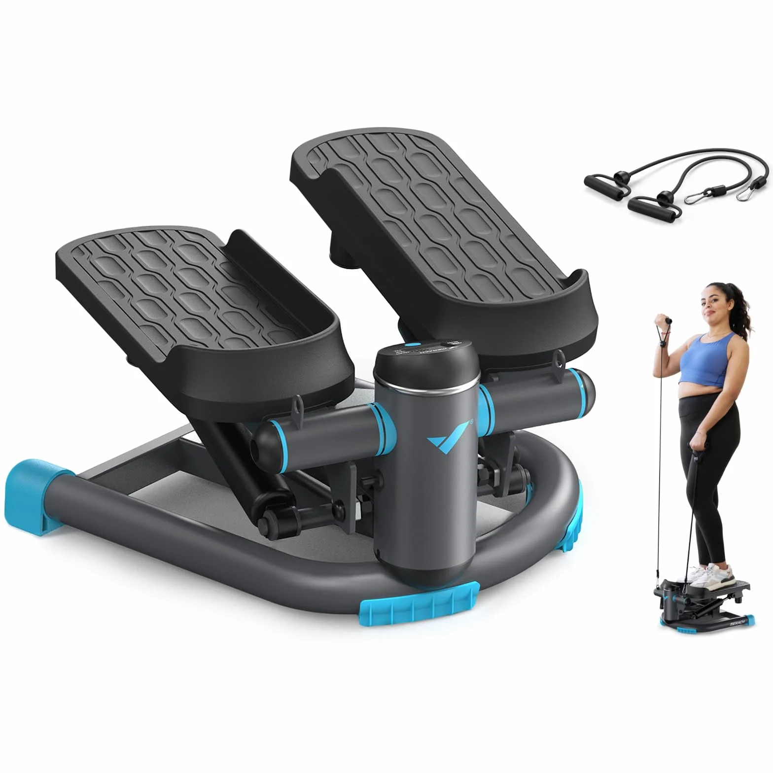 MERACH Mini Stepper Fitness Appartement,Stepper 2 en 1 pour la Maison,Swing Silencieux 150 kg avec Écran LCD et Bandes de Résistance,pour l'Entraînement des Jambes,des Bras,des Fesses
