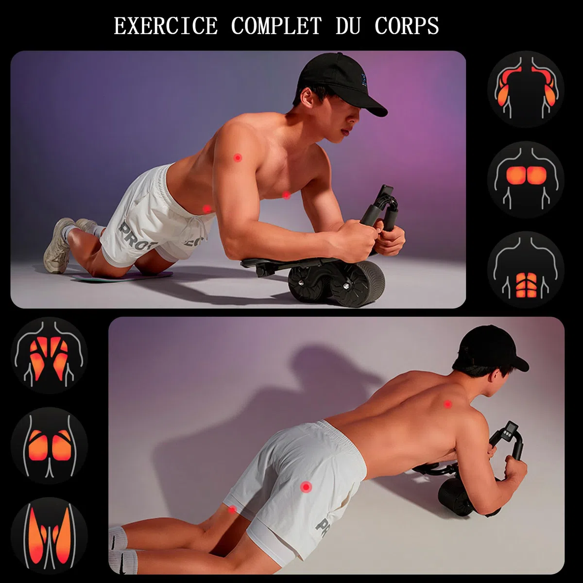 Roue abdominale à rebond automatique - Roue d'exercice 4D pour abdominaux - Avec support du coude - Appareil d'entraînement des abdominaux
