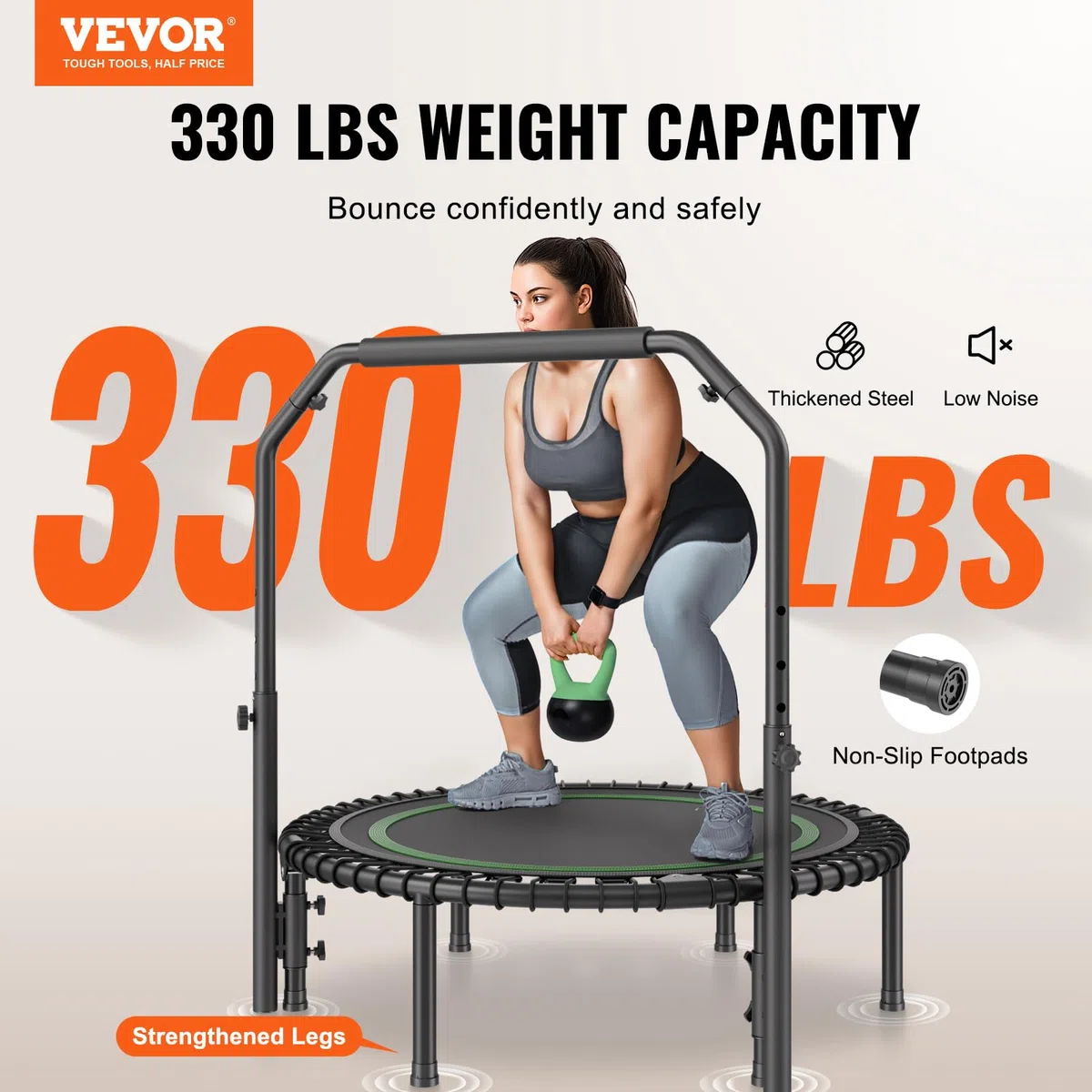 VEVOR Mini Trampoline Pliable, 1027 mm, Fitness rebounder, Charge Max. 150 kg, Stable et Silencieux avec poignée en Mousse réglable en Hauteur à 4 Niveaux, pour entraînement intérieur/Jardin Adultes