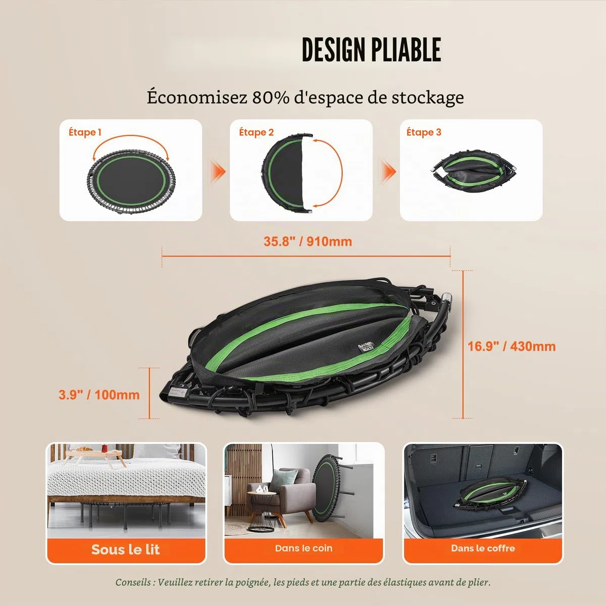 VEVOR Mini Trampoline Pliable, 1290 mm, Fitness rebounder, Charge Max. 205 kg, Stable et Silencieux avec poignée en Mousse réglable en Hauteur à 4 Niveaux, pour entraînement intérieur/Jardin Adultes