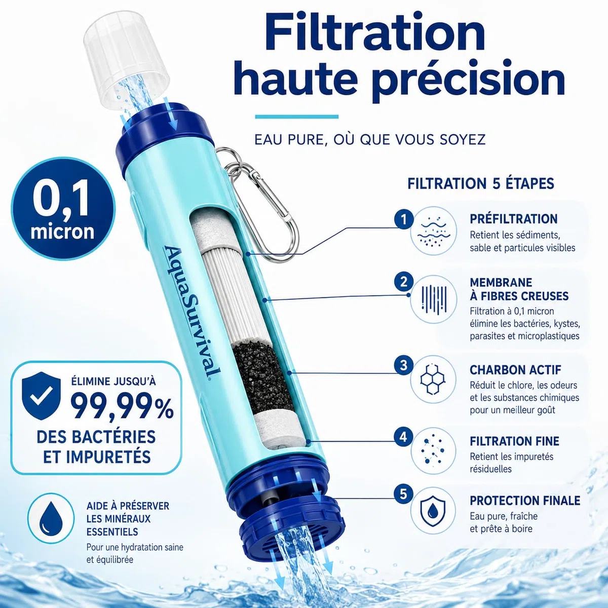 AquaSurvival - Lot de 4 Paille Filtrante Survie, Filtre Eau Portable 0,1 Micron Élimine 99,99% Bactéries, Purificateur d'Eau Randonnée Camping, Filtre a Eau Gourde Filtrante Eau Non Potable Sans BPA