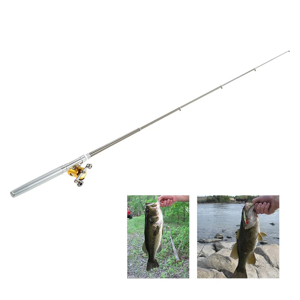 HUIOP Ensemble combiné de moulinet de canne à pêche Mini stylo de poche portable télescopique Canne à pêche et moulinet Ligne de pêche en alliage d'aluminium Leurres souples Appâts Jig Hooks,Fishing R