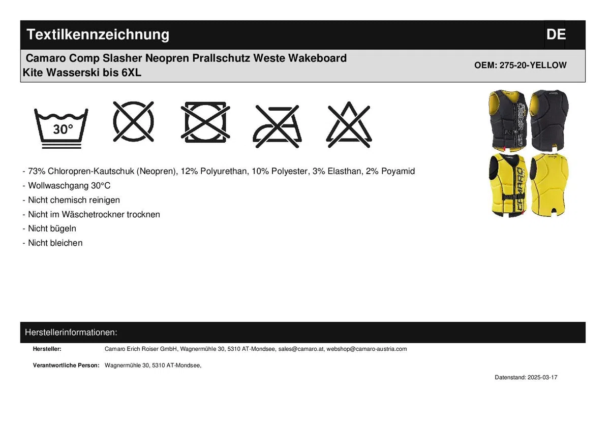 Camaro Comp Slasher Haut de Protection en néoprène Wakeboard Kite Eau Ski jusqu'à 6 x l