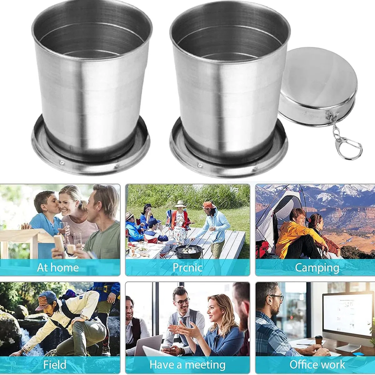 2 Pièces Tasse Pliable en Acier Inoxydable, Portable pour Camping et Voyage, Verre Pliable, Couverts de Camping, pour Pique-Nique