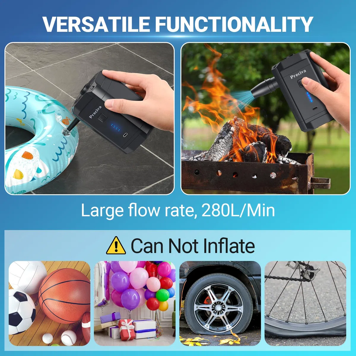 Preciva Pompe à air électrique, 5200 mAh, pompe électrique avec gonflage/dégonflage rapide, pompe électrique portable rechargeable de 280 l/min, avec 4 buses pour piscine, piscine pour enfants, bateau