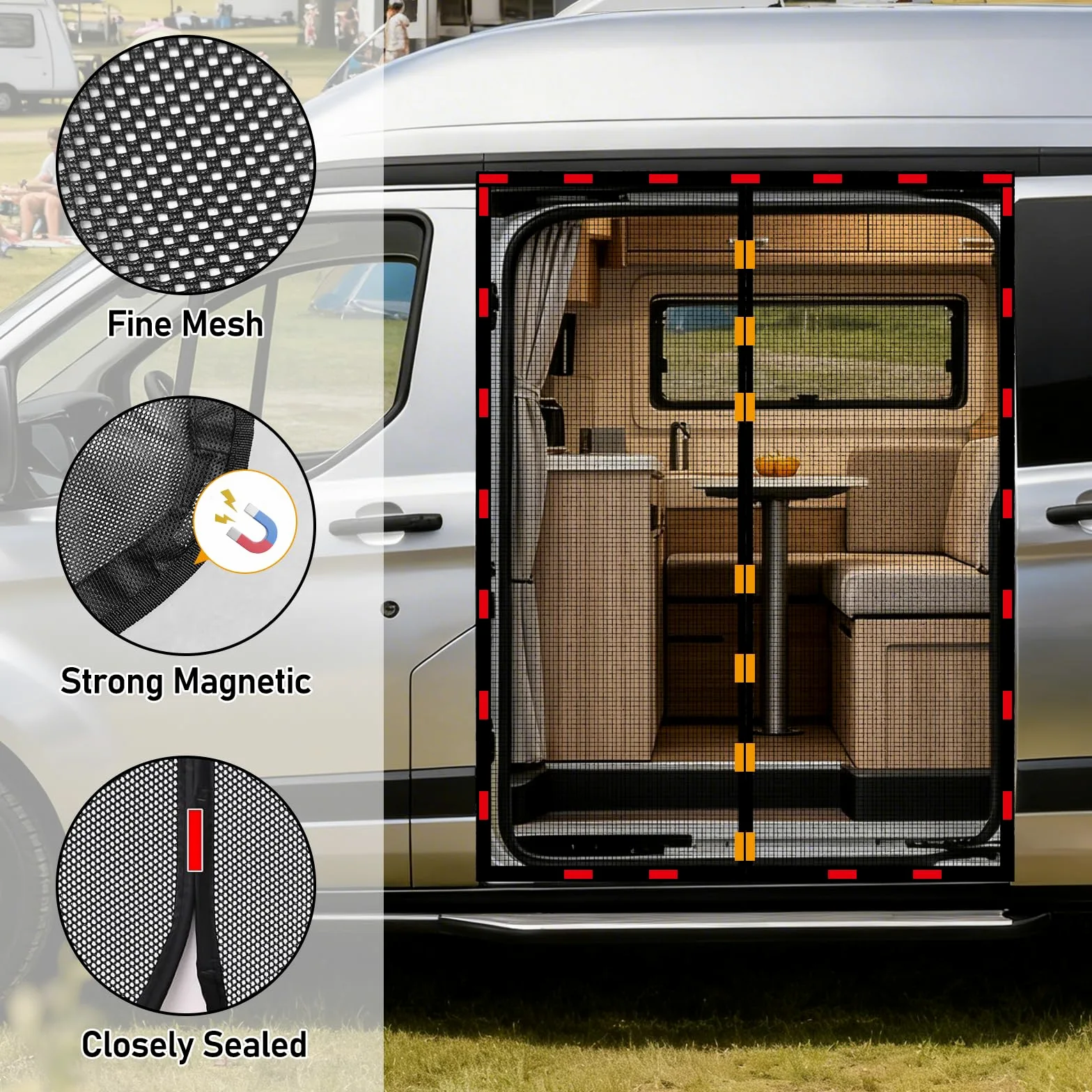 Moustiquaire Magnétique pour VW T5 T6 Porte Coulissante, Fermeture Magnétique Centrale pour Moustiquaire Camping Car, Filet d'ombrage de Porte Latérale Camping Protection Solaire