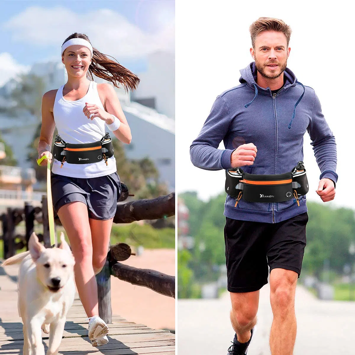 Number-one Ceinture de course avec gourdes (2 x 175 ml), ceinture d'hydratation étanche, sac banane pour iPhone, pochette de sport ajustable pour les marathons, la course, la randonnée ou le vélo