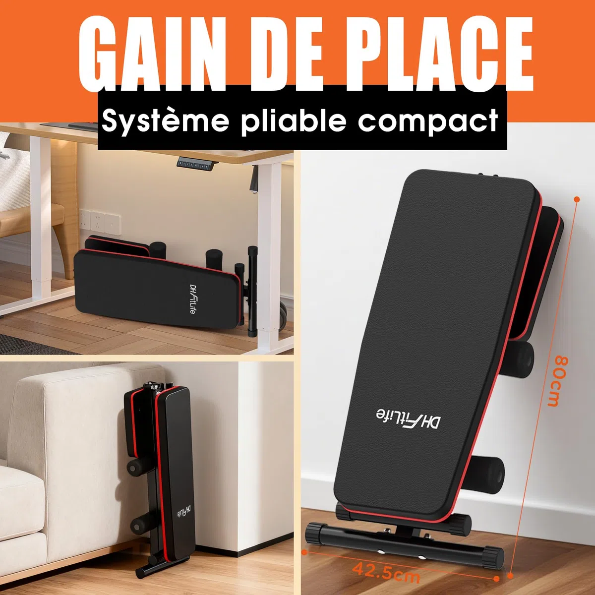 DH FitLife Banc pliable 8 en 1 | Gain de place 80% | Banc de musculation réglable et incliné | Appareil d’abdominaux pour entraînement complet à domicile