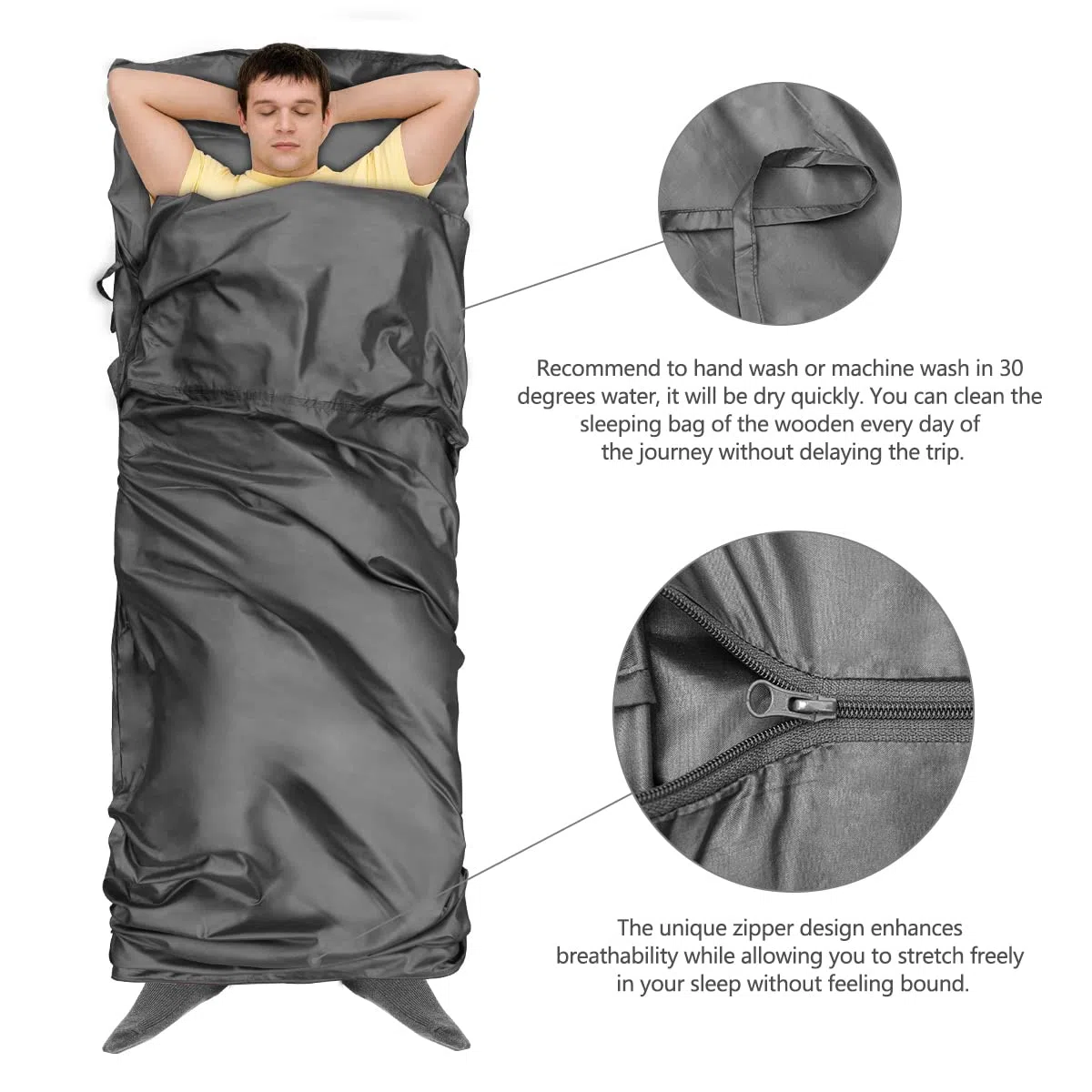 Drap de Sac de Couchage, Sac a Viande Couchage Douce avec Poche d'oreiller, Drap de Sac Ultraléger et Portable pour Hôtels, Randonnée, Camping (Gris)