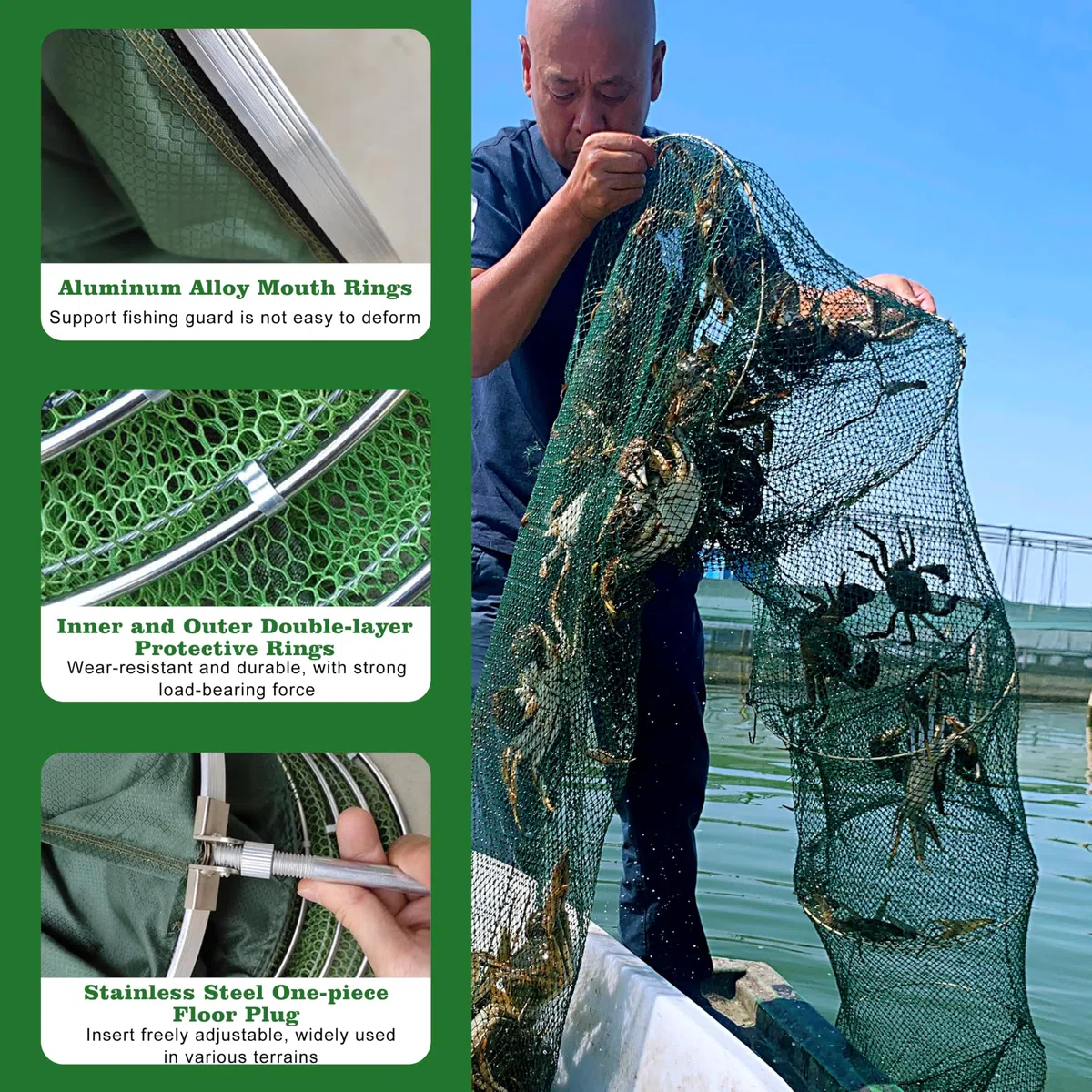 Bourriche de pêche, Cages Pliables, Sac pour Filet de pêche, bourriche caoutchoutée avec Sac et Gants, Filet Flottant Pliable pour Accessoires de pêche