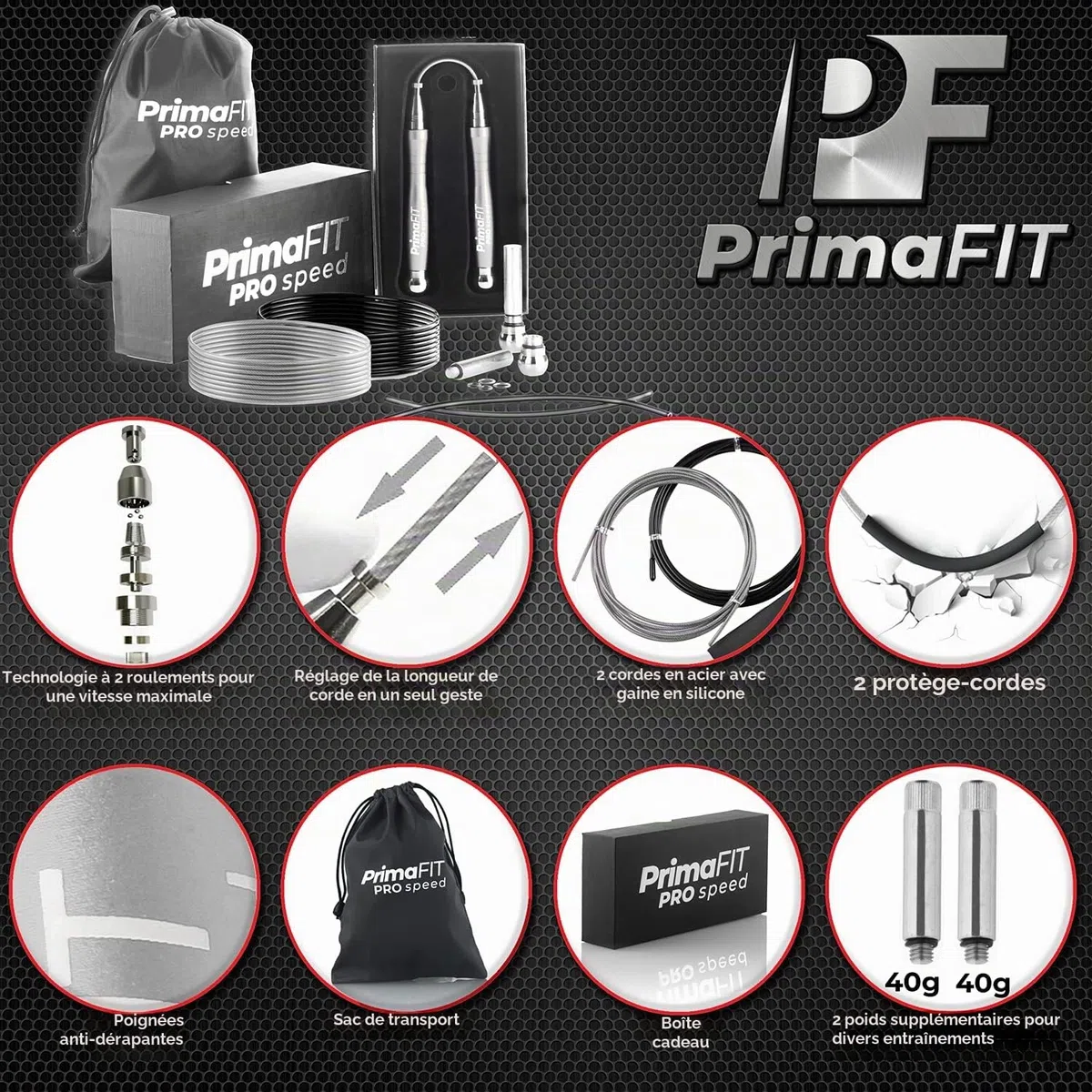 PrimaFIT Pro Speed Corde à Sauter Crossfit Adulte Lestée Jump Rope pour Sport Homme y Femme, Fitness Musculation, Boxe, Aluminum, Réglable, Vitesse Roulements à Billes,2 Acier Câble de Rechange/Poids