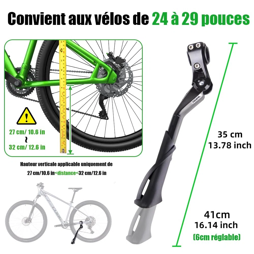 RBRL Support de vélo 24-29 pouces, support latéral en aluminium réglable en hauteur avec pied antidérapant, support de vélo pour VTT, vélo de course, vélo électrique et vélo de ville, extra stable
