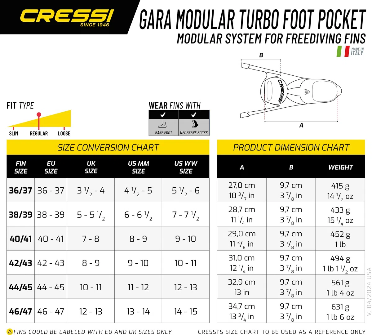 CRESSI Gara Turbo Flex Fins - Palmes Performantes Réactives Légères Unisexes Système Gara Modulaire et Lames Interchangeables pour Plongée Apnée Chasse sous Marine Snorkeling, Noir