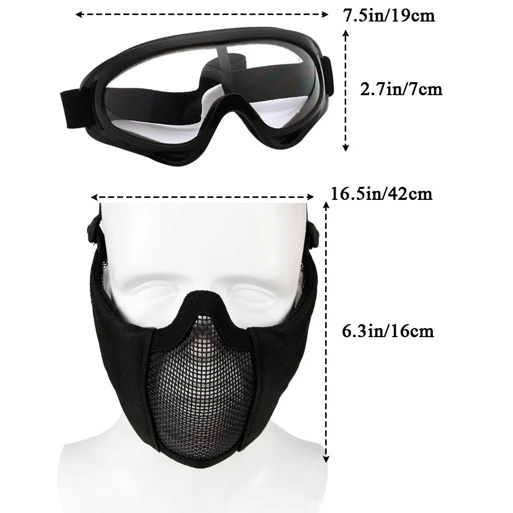 Ensemble de masque et lunettes d'airsoft, demi-masque en maille métallique avec protection auditive, lunettes anti-UV, protection des yeux pour extérieur, chasse, jeu CS