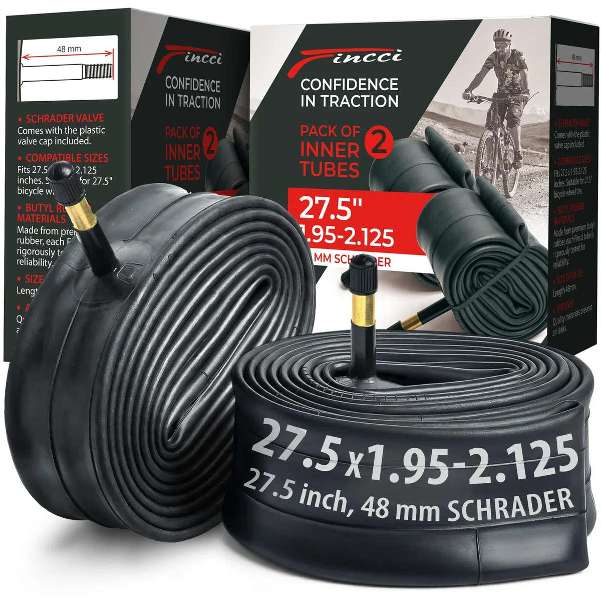 Fincci Velo Сhambre a Air 27.5 - Paire Chambres à Air 27.5 x 1.95 x 2.0 x 2.125 avec Valve Schrader 48mm pour Montagne & Hybrid & Electrique & Route Vélos, VTT Homme Adulte