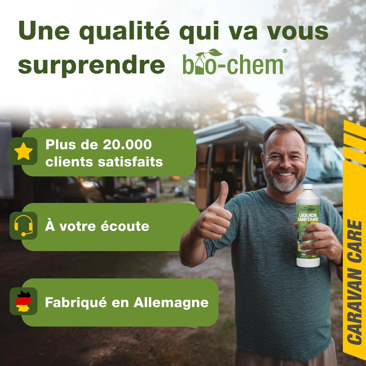Bio-Chem - Liquide sanitaire Nouvelle Formule avec microorganismes pour Toilette Chimique Caravane - Additif sanitaire concentré pour Toilette Portable de Camping - Verre doseur Inclus