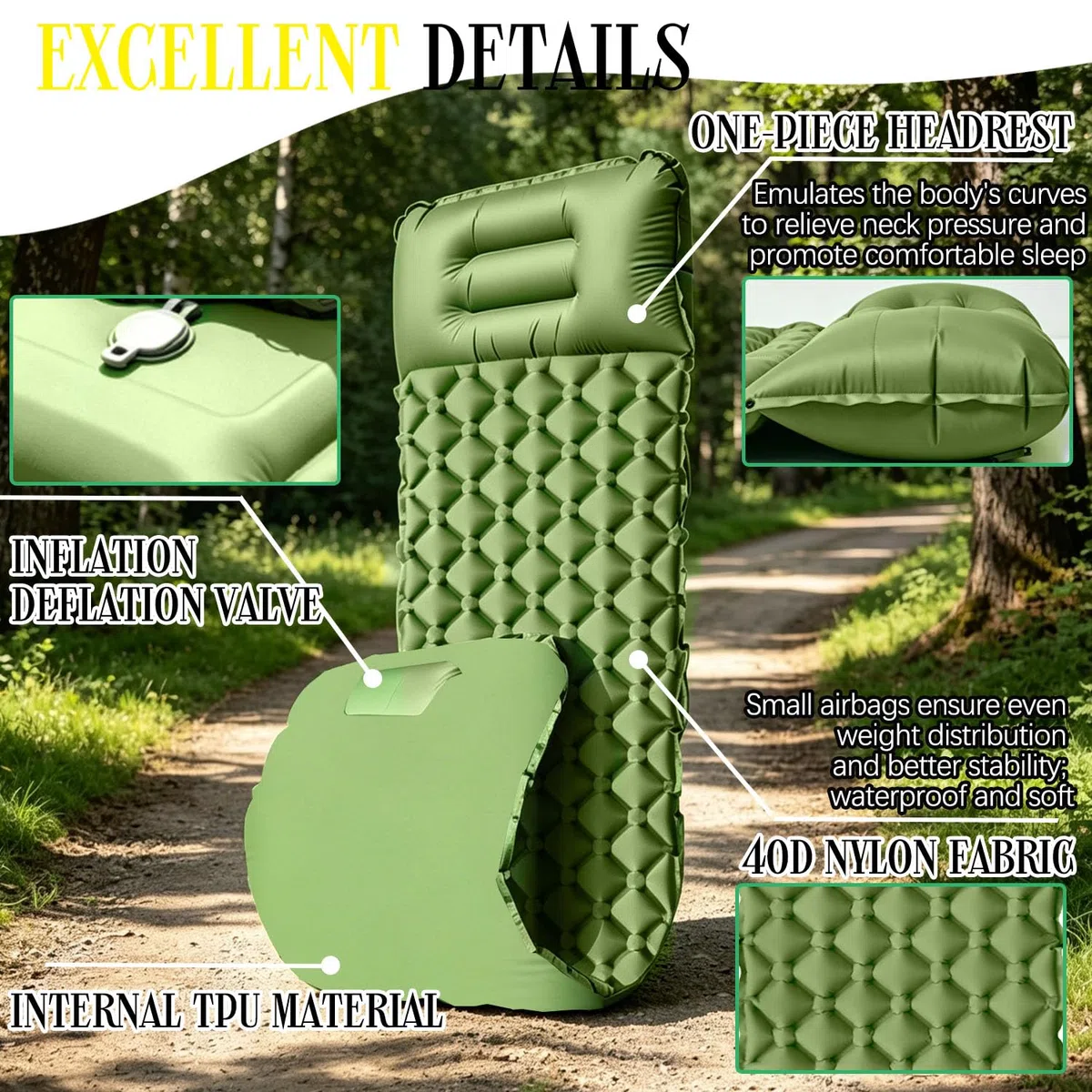 Matelas Gonflable 1 Place 190*60cm,Matelas Gonflant Camping Ultra Léger avec Pompe à Pied Oreiller,Ripstop,Anti-Fuite,Étanche,Portable et Compact pour Camping,Voyage, Randonnée,Capacité Charge 160KG