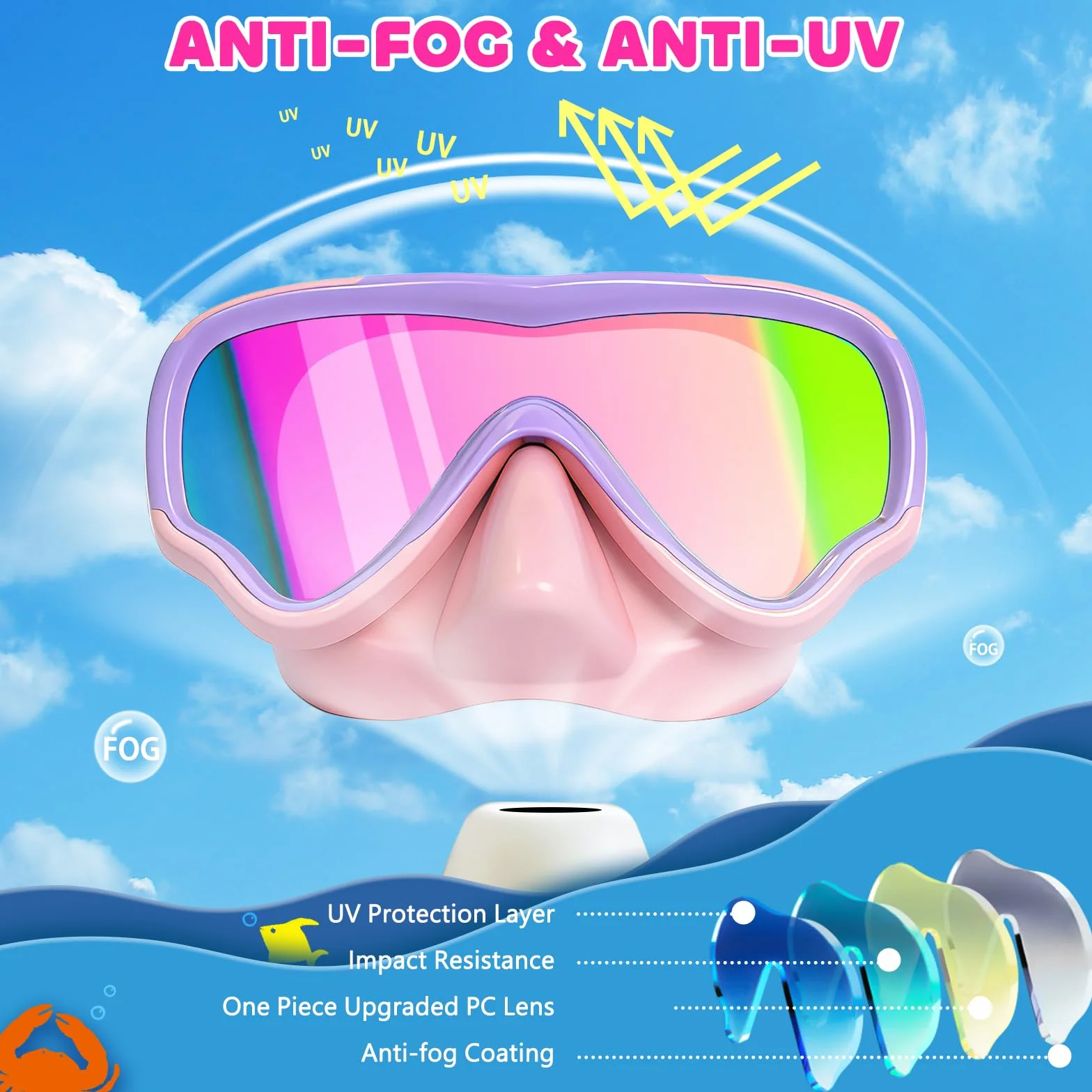 Lunette de Piscine Enfant avec Protection UV et Sangle en Tissu Doux, MOMUSE Masque de Plongée Enfant avec Couvercle de Nez 3D, Lunettes de Natation pour Garçons et Filles de 4 à 14 Ans