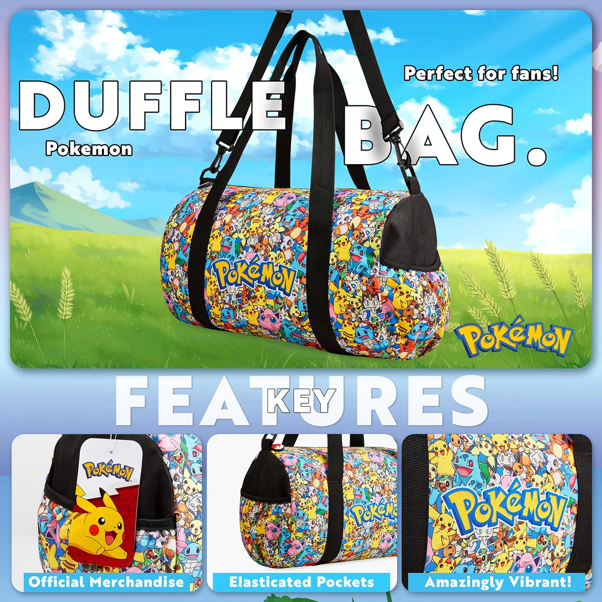 Pokemon Sac de Sport Enfant, Sac de Gym, Sac Piscine, Sac de Foot Enfant Garcon Fille, Sacs de Sport pour Enfant, Sac de Voyage, Idée Cadeau pour Fan de Pokemon Accessoire Officiel (Multi)