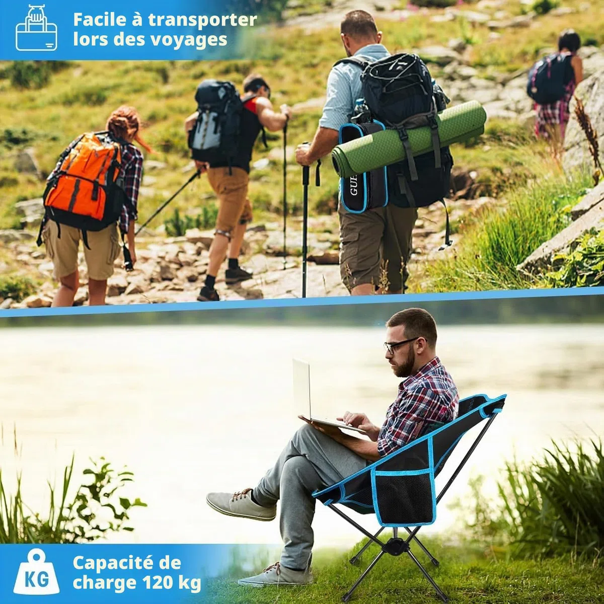 Chaise de Camping Pliable, Chaise Pliante Portable Légère avec Sac de Transport, Charge Maximale 120kg, Ultra Légère Chaise de Plage Pliable pour Les Voyages, Randonnée, Camping, Pique-Nique