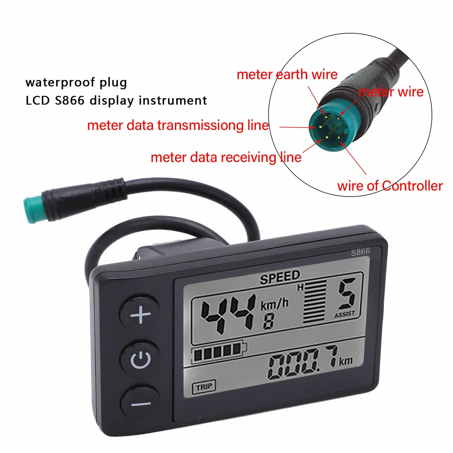 Keenso Vélo électrique S866 LCD Display Meter 24V 36V (par défaut), 48V (réglable) Panneau de Commande avec Prise étanche