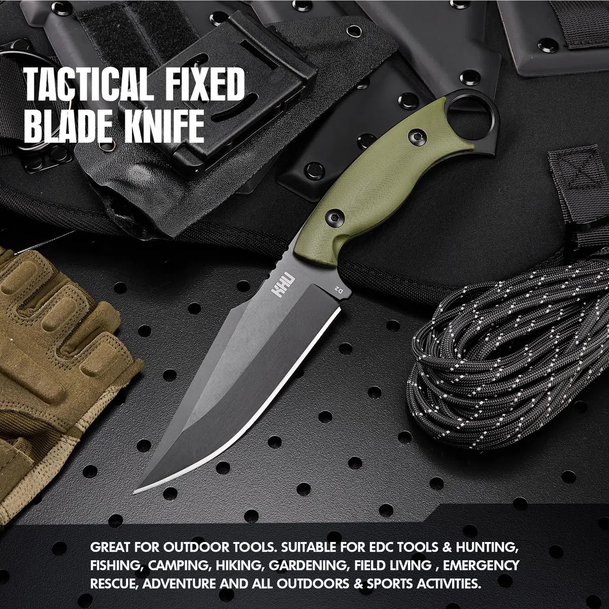 KHU Couteau à lame fixe Outdoor Couteau - Acier D2 G10 poignée, Camping Accessoires - Avec étui Kydex - 17A