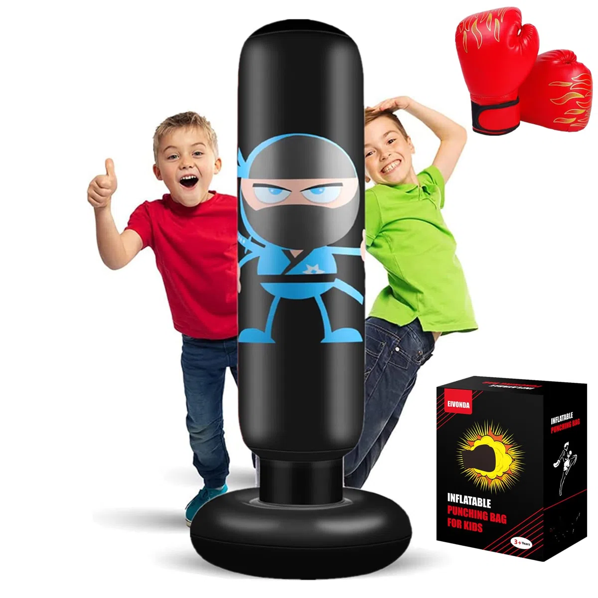 Sac de Boxe Enfant 160 cm Sac de Frappe Gonflable Ninja avec Gants de Boxe pour Pratiquer Le MMA Karaté Taekwondo et Soulager L'énergie Refoulée